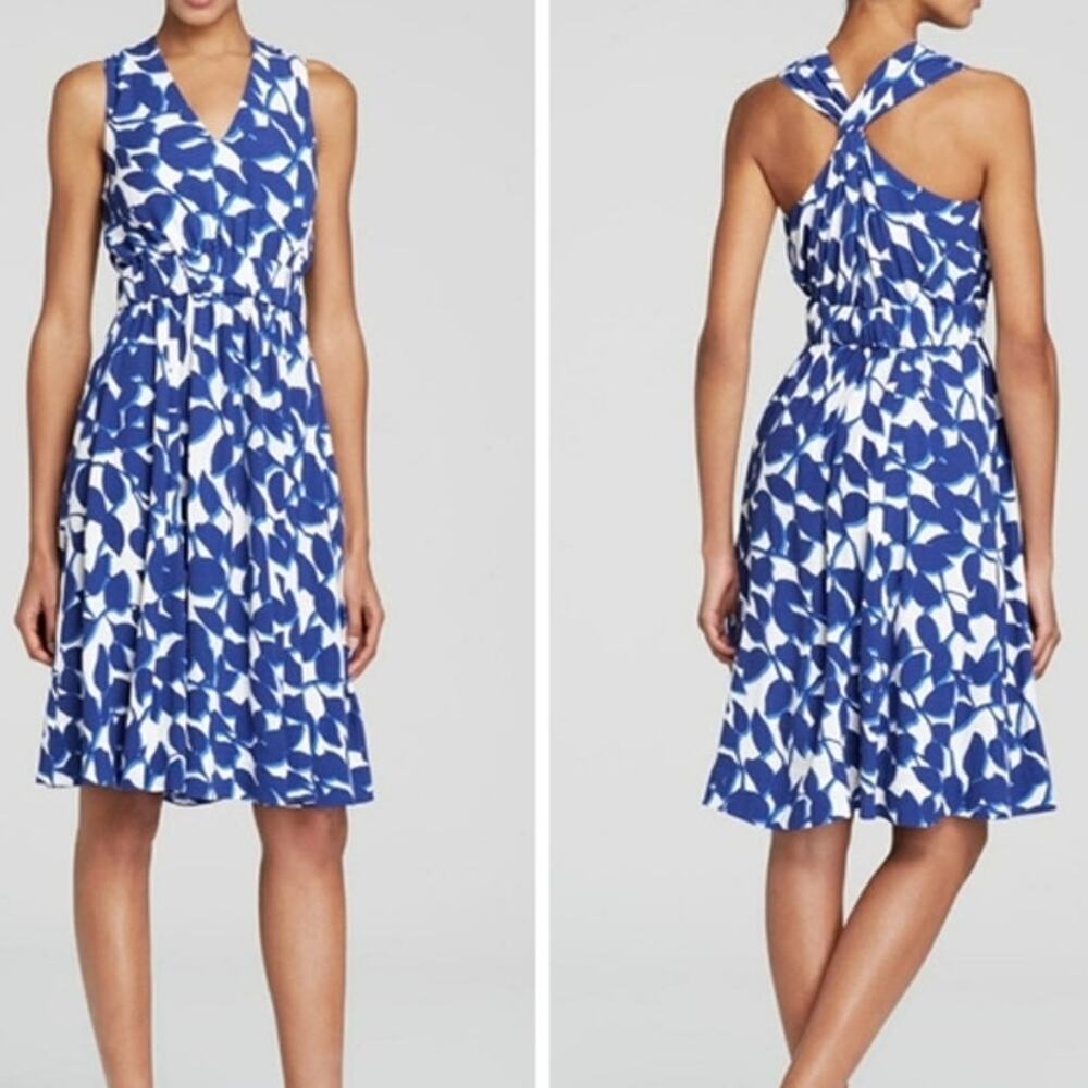 Kate Spade Twist Back Dress Womens Size 2 Blue Ivory Garden Leaves Career **FLAW